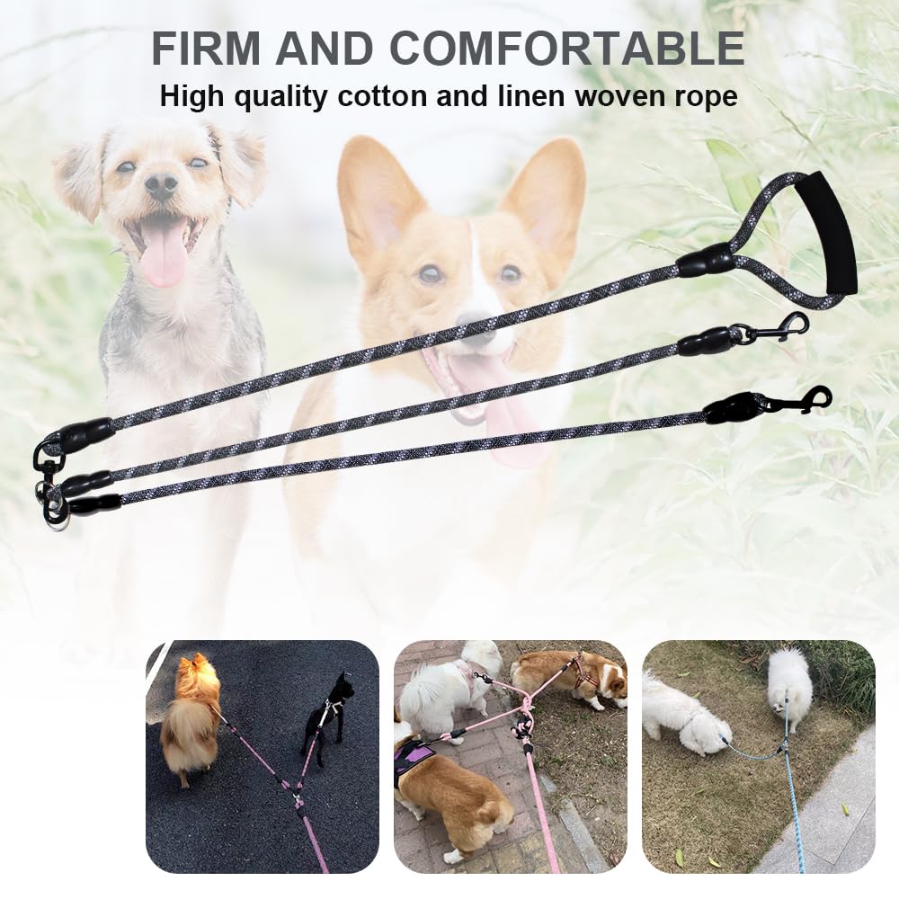 Doppelte Hundeleine, reflektierend, strapazierfähig, für kleine, mittelgroße und große Hunde, 2 Hundeleinen, 360° drehbar, verhedderungsfrei, mit bequemem Griff, Unterstützung für mehrere Seile,