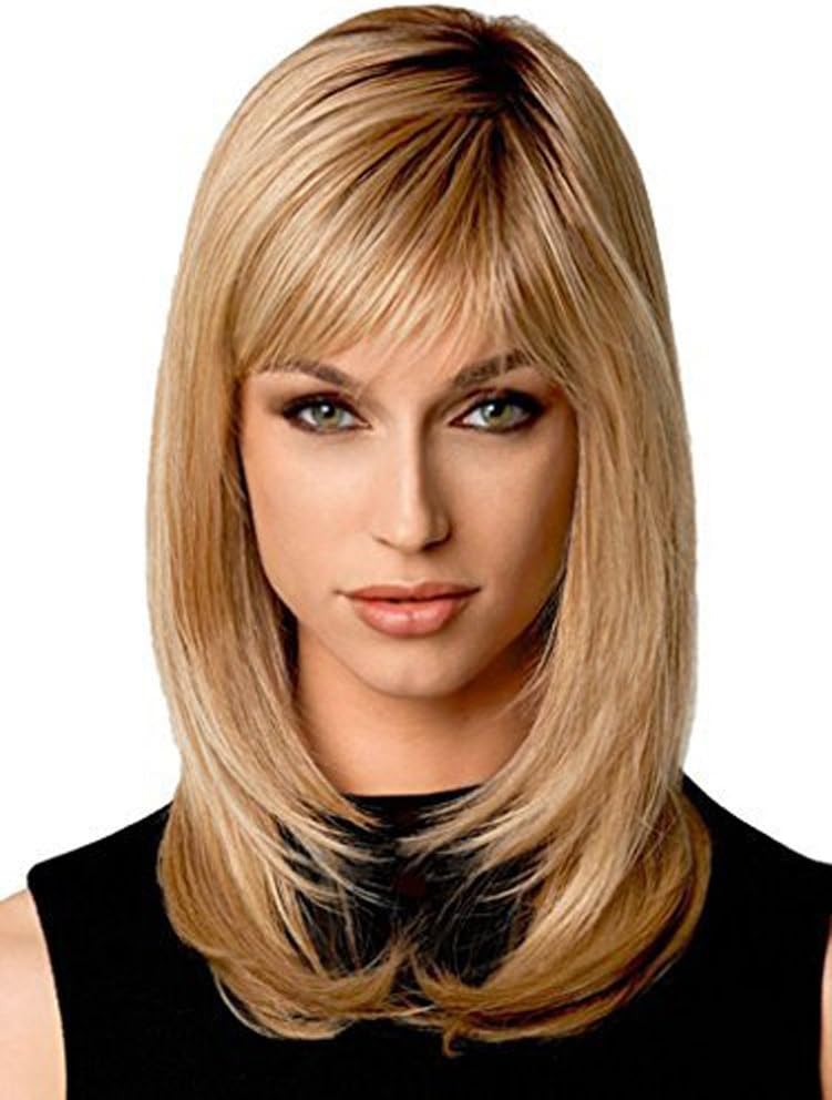 Natural Shoulder Length Blonde Wig - MIKWIG Glamorous Medium Length Bob Straight Blonde Imported Synthetic Hair Wigs with Side Bangs for Women