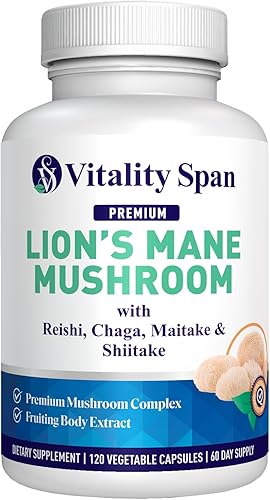 Cápsulas de suplemento de melena de leones, extracto de hongos: hongos Chaga, Maitake, Reishi y Shiitake | Cuerpo fructífero puro | Claridad mental,