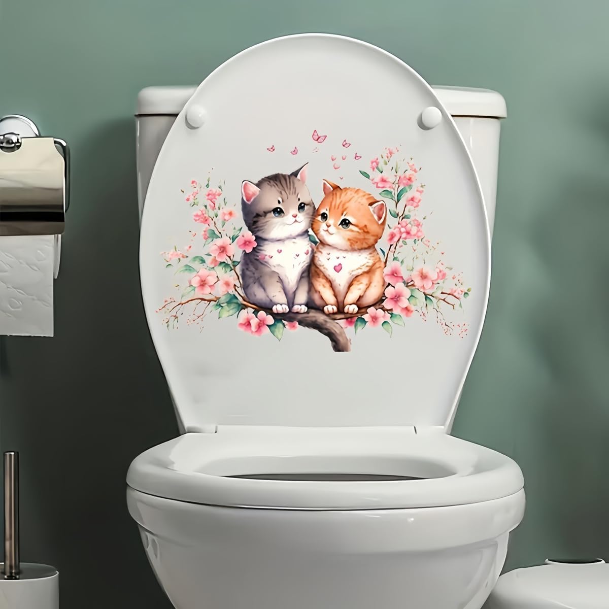 Peach Blossom Cats Toilet Cover Sticker Decals,Flower leaf bird Waterproof Toilet Lid Tank Seat Decals Cistern Self-Adhesive Bathroom Wall Sticker