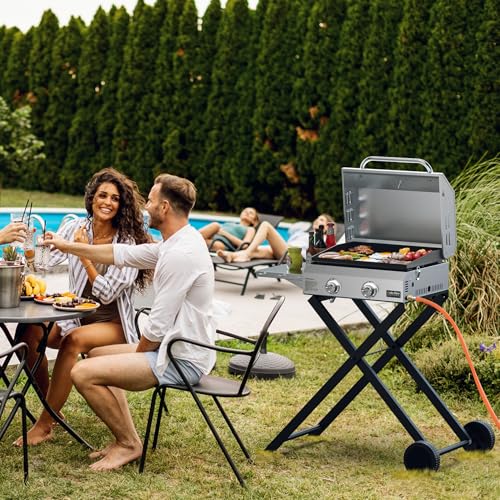 Onlyfire Edelstahl Gasgrill Grillwagen 2 Brenner mit Faltbarem Wagen, Seitenablagen und Grillplatte aus Keramische Lackbeschichtung, Grillfläche 45,8x36cm, 4,7 kW, Gasgrill Plancha Griddle für Garten