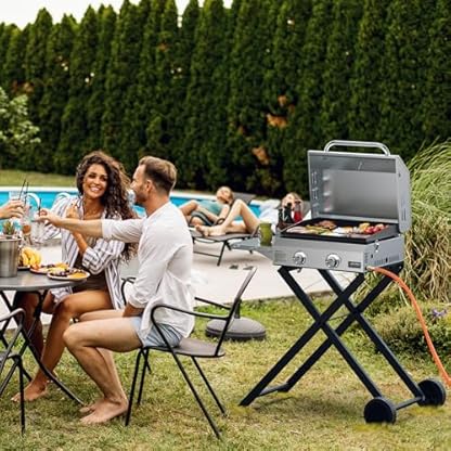 Onlyfire Edelstahl Gasgrill Grillwagen 2 Brenner mit Faltbarem Wagen, Seitenablagen und Grillplatte aus Keramische Lackbeschichtung, Grillfläche 45,8x36cm, 4,7 kW, Gasgrill Plancha Griddle für Garten – Bild 7