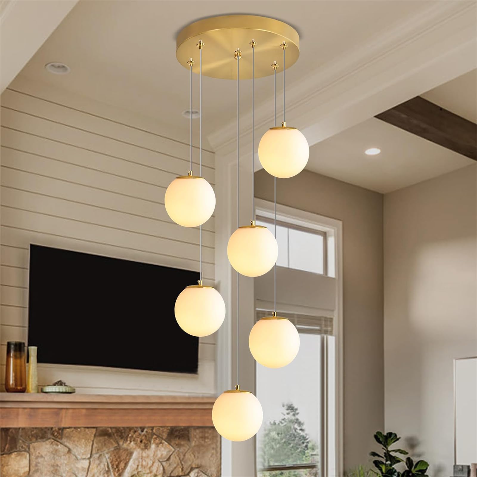 Lustre Moderne à 6 lumières en Forme de Globe, luminaire Suspendu Haut de Plafond, Boule en Verre Blanc, éclairage Suspendu pour Salon, escalier, entrée, Salle à Manger, Cuisine