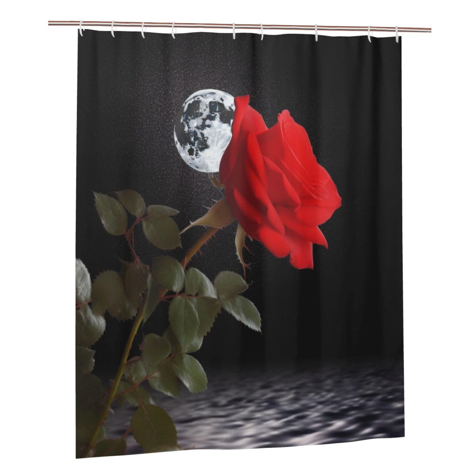 BWWHCCTI Red Rose Under Moon Printed Shower Curtain With 12 Plastic Hooks Opaque Quick Drying Waterproof Shower Curtains Sets For Bathroom 152x183 Cm
