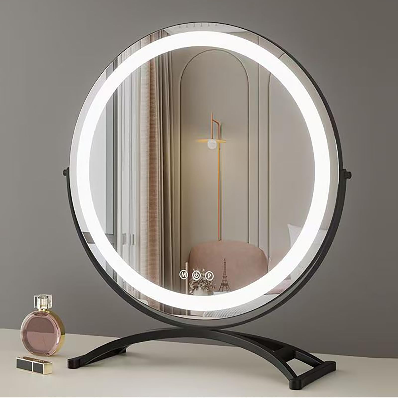 Miroir maquillage LED noir 40x47 cm avec cadre en métal et base arquée rotative