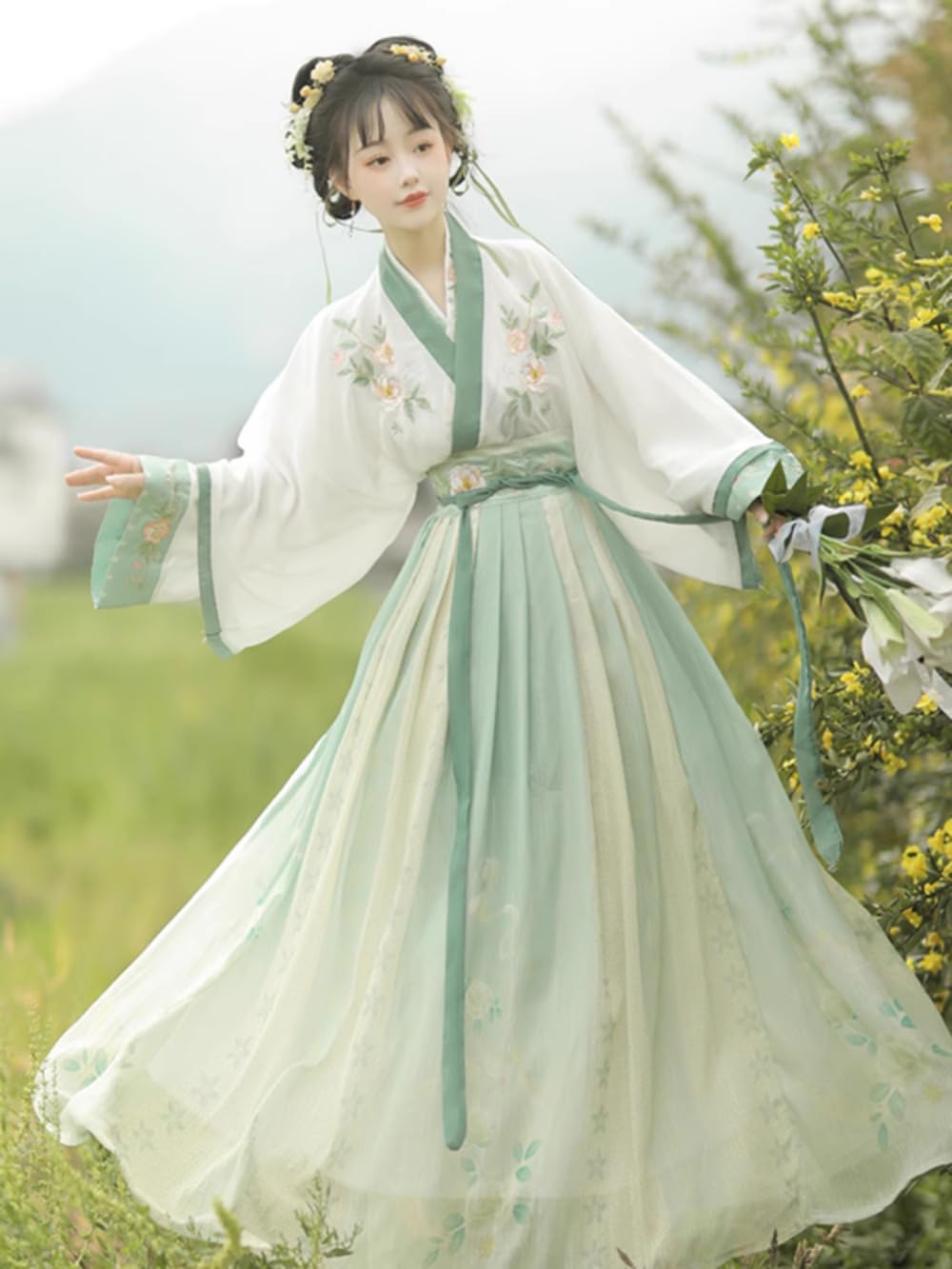 Chiński tradycyjny kostium Hanfu Dress, chińska od Han Elemental Starożytny styl Odzież damska Hanfu Haftowana spódnica Ru w stylu chińskim(Green,X Large)