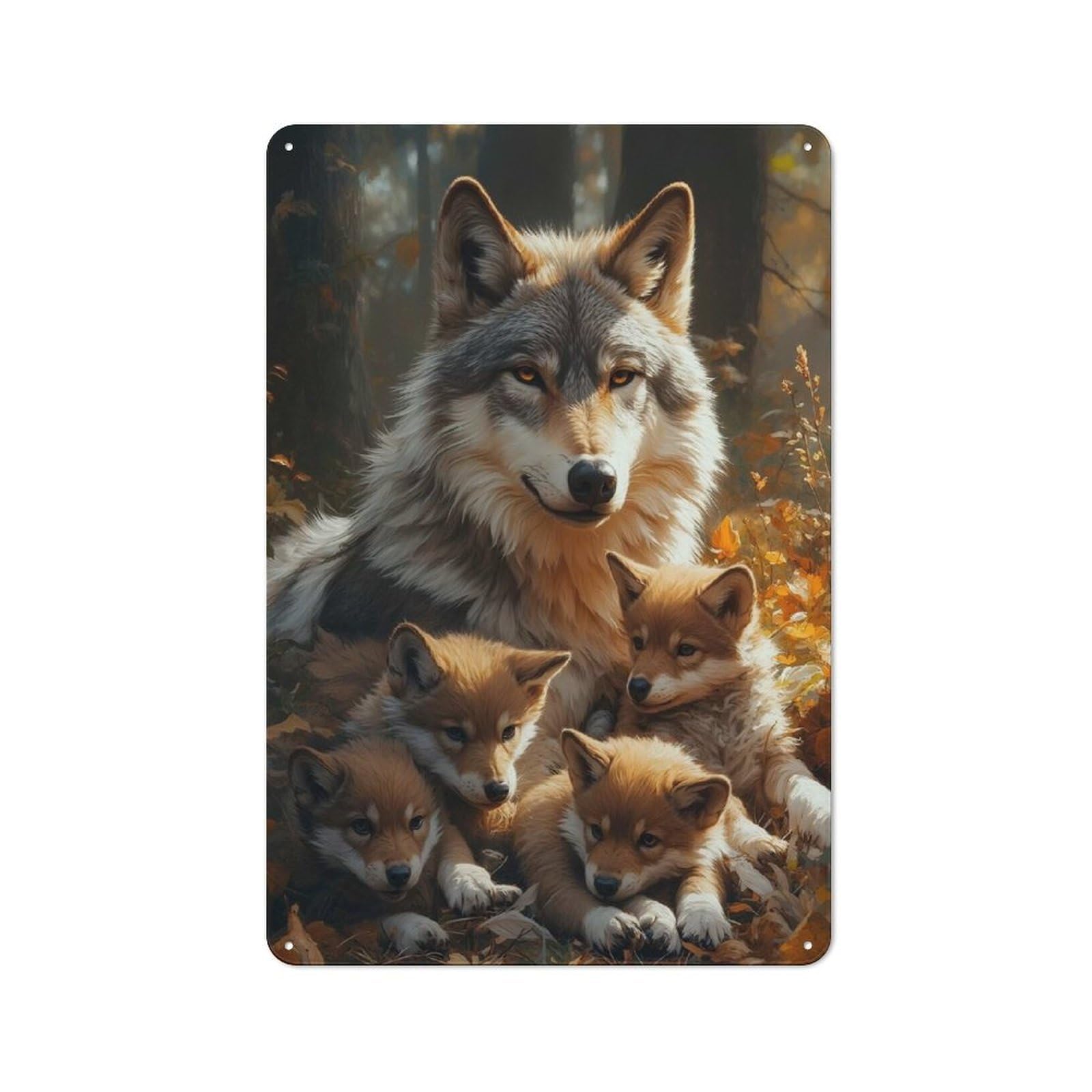 Junmoney Style-10 Retro Retro Metal Sign 30X20cm Featuring Wolf Family Portrait In Autumn Forest, Garage Wall Decor For Garage, Hobby Room, Office Or Man Cave
