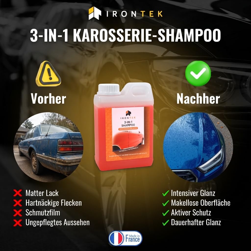 Auto Shampoo mit Wachs - IRONTEK - 1 L | IT318 | 3-in-1 Reinigung Glanz Schutz | pH-Neutral | Alle Lacke