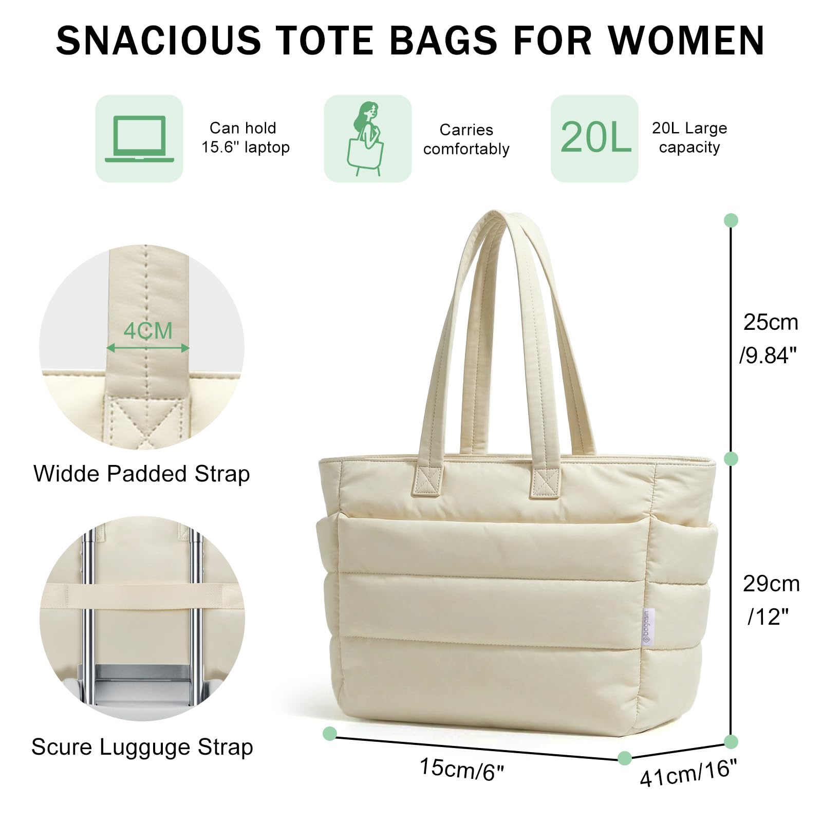 bagasin Borsa Tote a Mano da Donna, Borsa a Tracolla da Viaggio a Grande Capacità per Laptop da Lavoro, con Scomparto, Multi-Tasca, Leggera, per Lavoro, Viaggi, Fitness, Nero & Beige