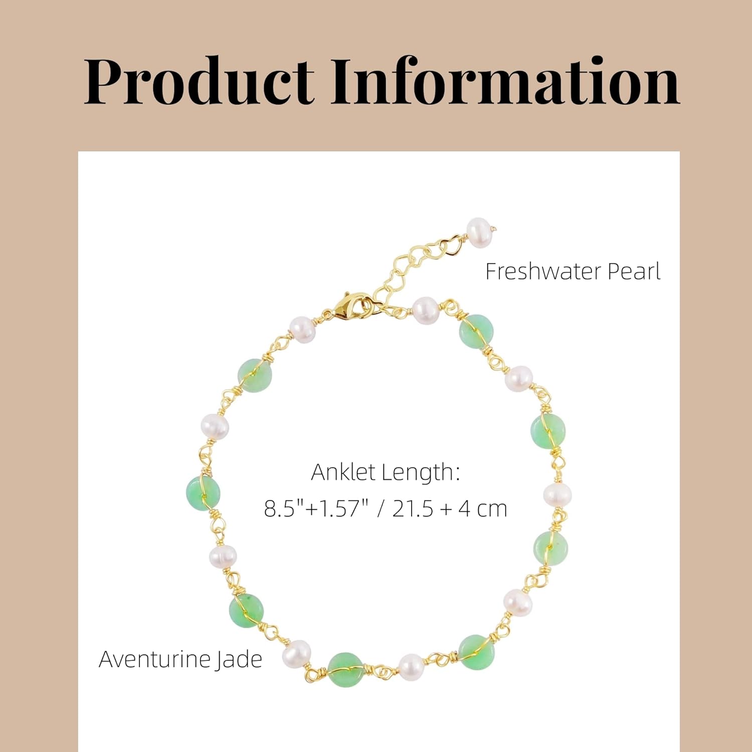 Natural Green Hetian Jade Anklet for Women, Pearls Adjustable Anklet, Natural Freshwater Pearls Anklet for Women, Handmade Jade Jewelry Gift for Women Girls, Christmas Gift for Her (14K Gold Plated) - Image 2