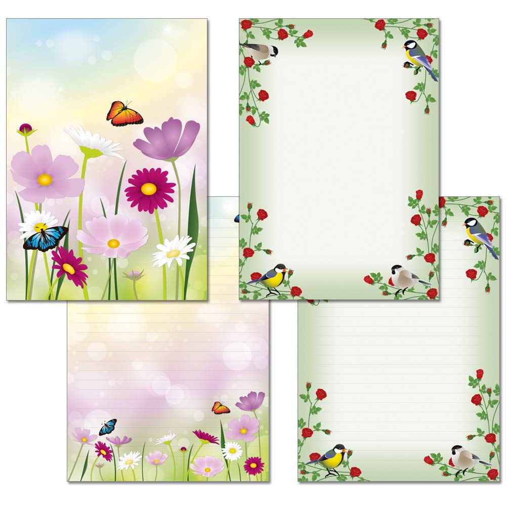 Pack of 2 writing pads, 1 x flower meadow + 1 x roses + birds, each 25 sheets format DIN A4 with cover sheet 7360 + 7510