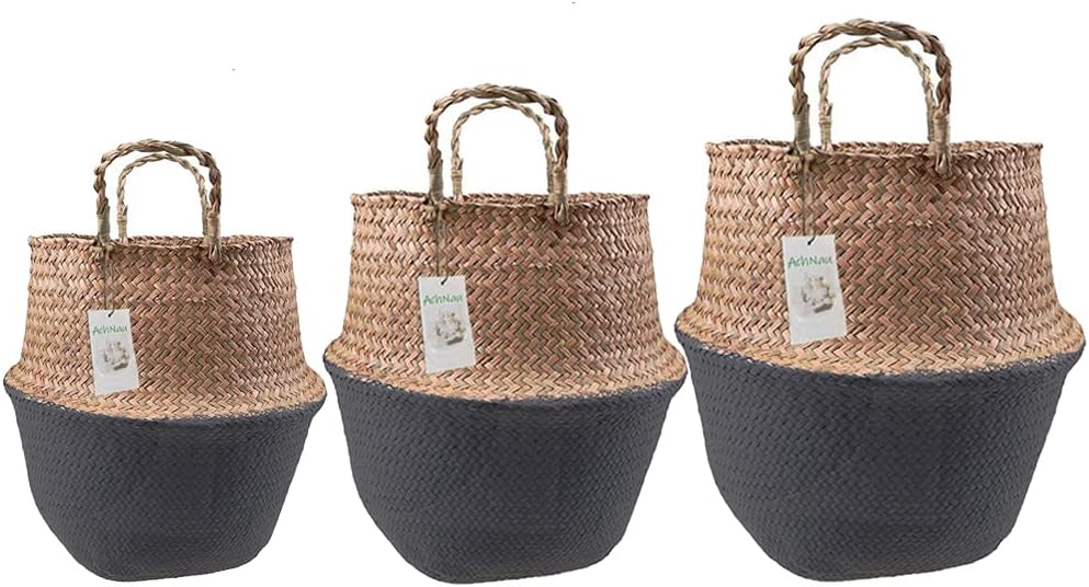 CENGOOD 3Pcs Seagrass Woven Storage Belly Baskets Nordic style with Handle for Plant Pot Garden Toys Container Decorative 22x20CM/27x24CM/32x28CM (White)