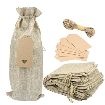 10 Pieces Burlap Wine Bags, Jute Gift Bags with Drawstrings, Single Reusable Wine Bottle Covers with Ropes and Gift Tags (Natural Burlap Color - 10pcs)