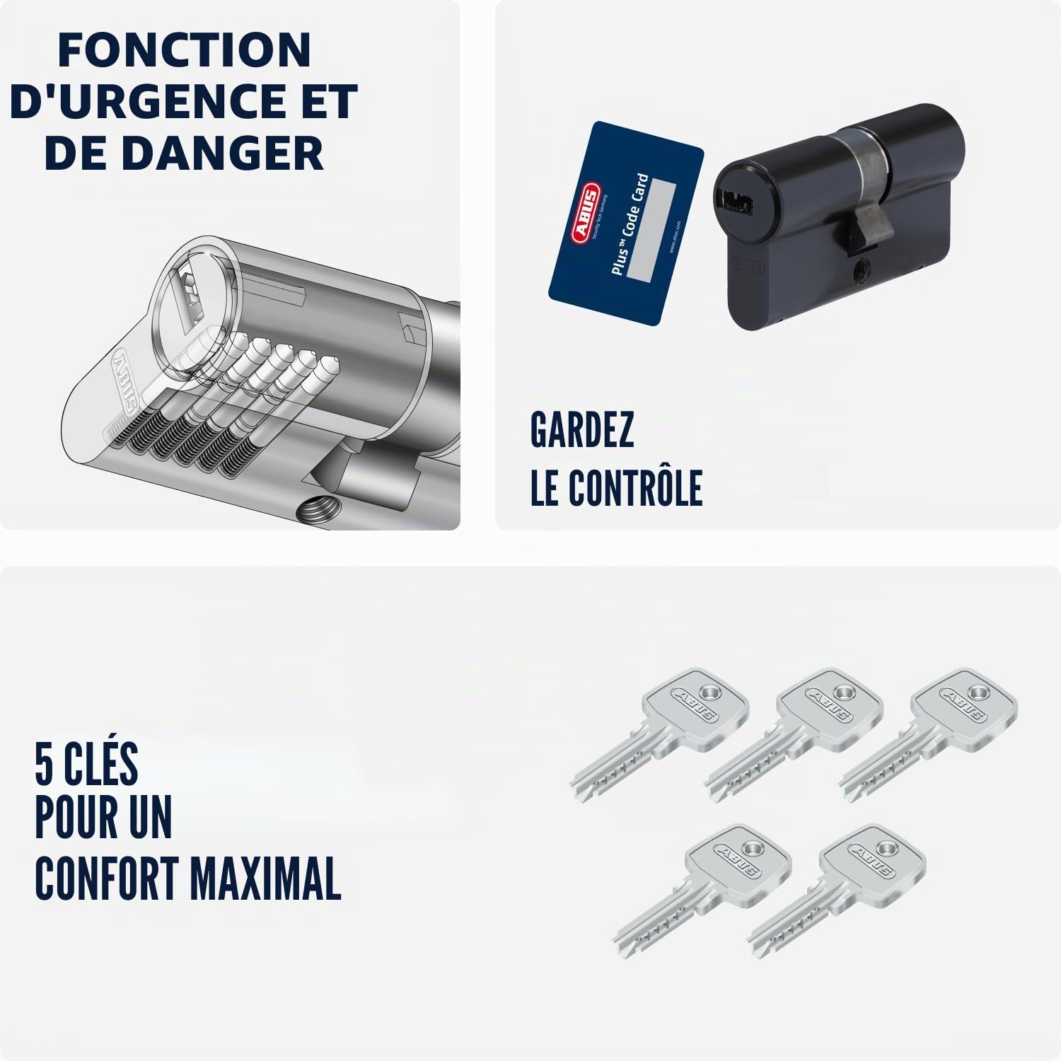 ABUS Cylindre profilé D6XBL 30/30 avec carte de code et 5 clés - 96801 - Noir