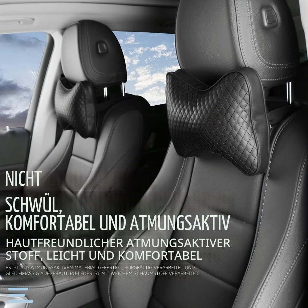 2 Stück Auto-Kopfstützen-Kissen, Auto-Kopfstützen-Kissen, PU-Leder-Nackenstütze-Kissen, Bequeme Weiche Universal-Autositz-Kissen, Ergonomisches Kissen für Autofahren (Schwarz)