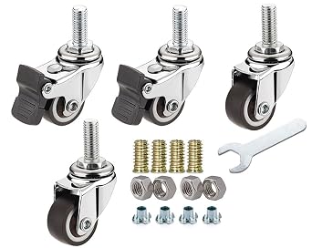 1 Mute Swivel Rubber Wheel,with T nut M6x15mm Stem Threaded Mini Furniture Casters,Load 90Lbs, for Workbench, Table, Cabinet,Coffee Table of Hardwood Floors