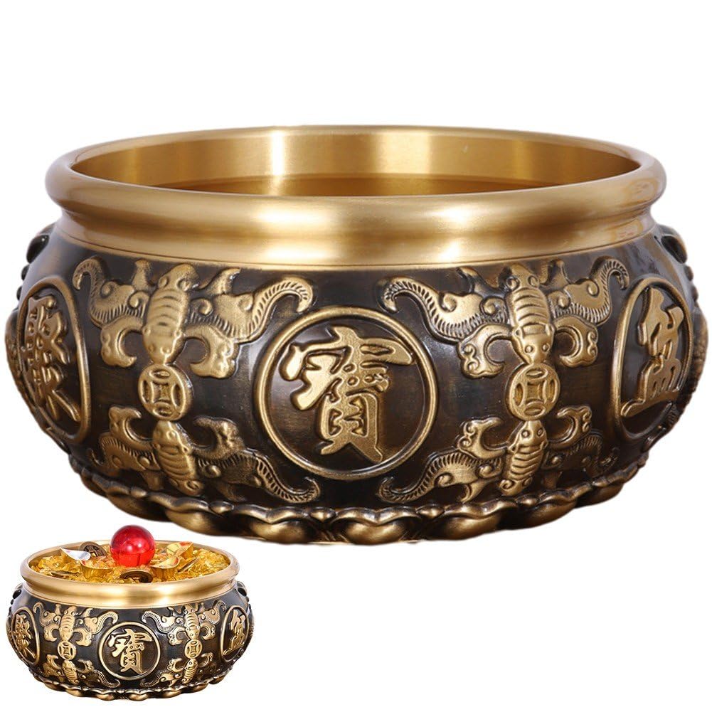Cuenco de cornucopia de latón pulido a mano con ocho bendiciones Feng Shui