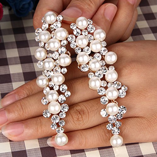 Brilove Wedding Bridal Earrings For Women Simulated Pearl Crystal Multi Beaded Cluster Chandelier Dangle Earrings Ivory Color Gold-Toned #TOP2