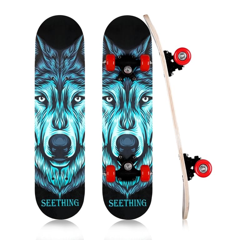 STAR WORK 28 CM Maple Deck Skate Board for Cruising, Carving, Tricks and Downhill Bearings, Durable Deck, Smooth Wheels (SEETHING)