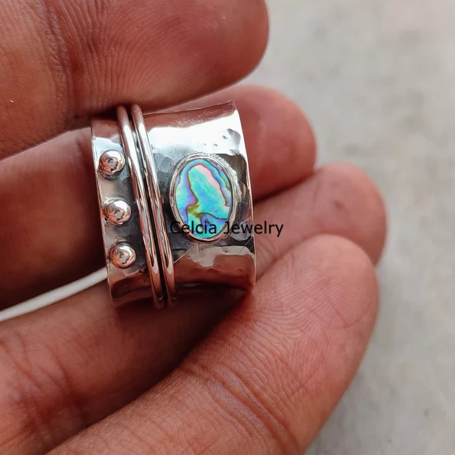 Anillo giratorio de meditación de concha de abulón de plata de ley 925 para mujeres y hombres (talla 7 de EE. UU.)