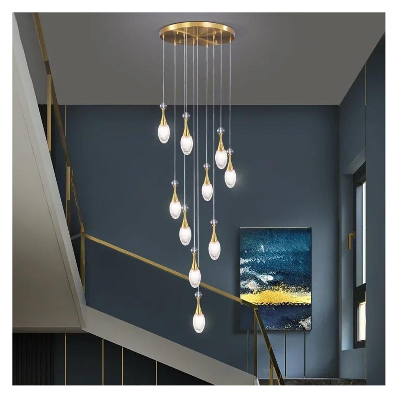 ASerZenith Modern Luxury Water Drop Decorative Crystal Aluminum Led Villa Duplex Stairwell Lamp High Ceiling Staircase Long Chandelier,Hanging Light,10 Lights