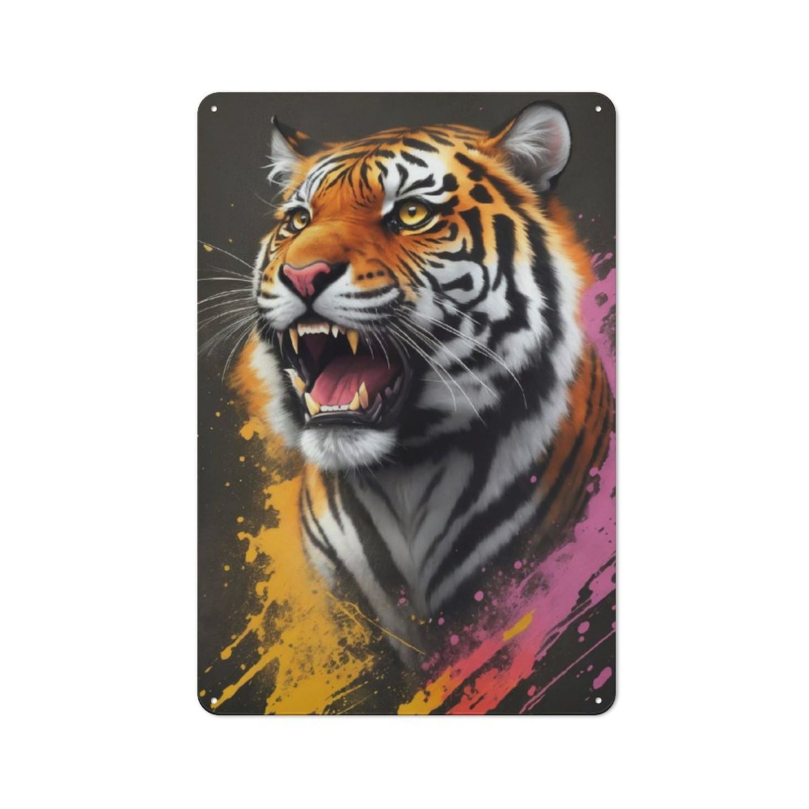 Junmoney Angry Tiger Painting Metal Wall Sign 30X20cm Featuring For Bar Or Restaurant, For Restaurant Interior Fans