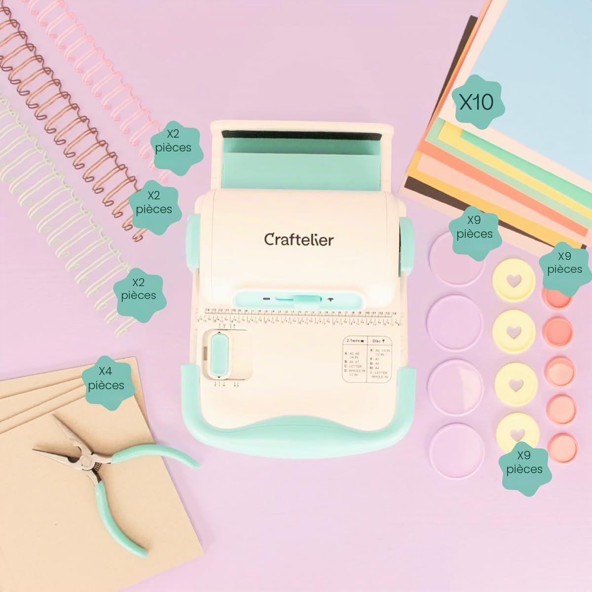 Craftelier - Kit d'initiation à la reliure | Set avec mini reliure Minty Duo, anneaux type Wire - O et disque, cartons pour créer des albums, des planners et des cahiers personnalisés