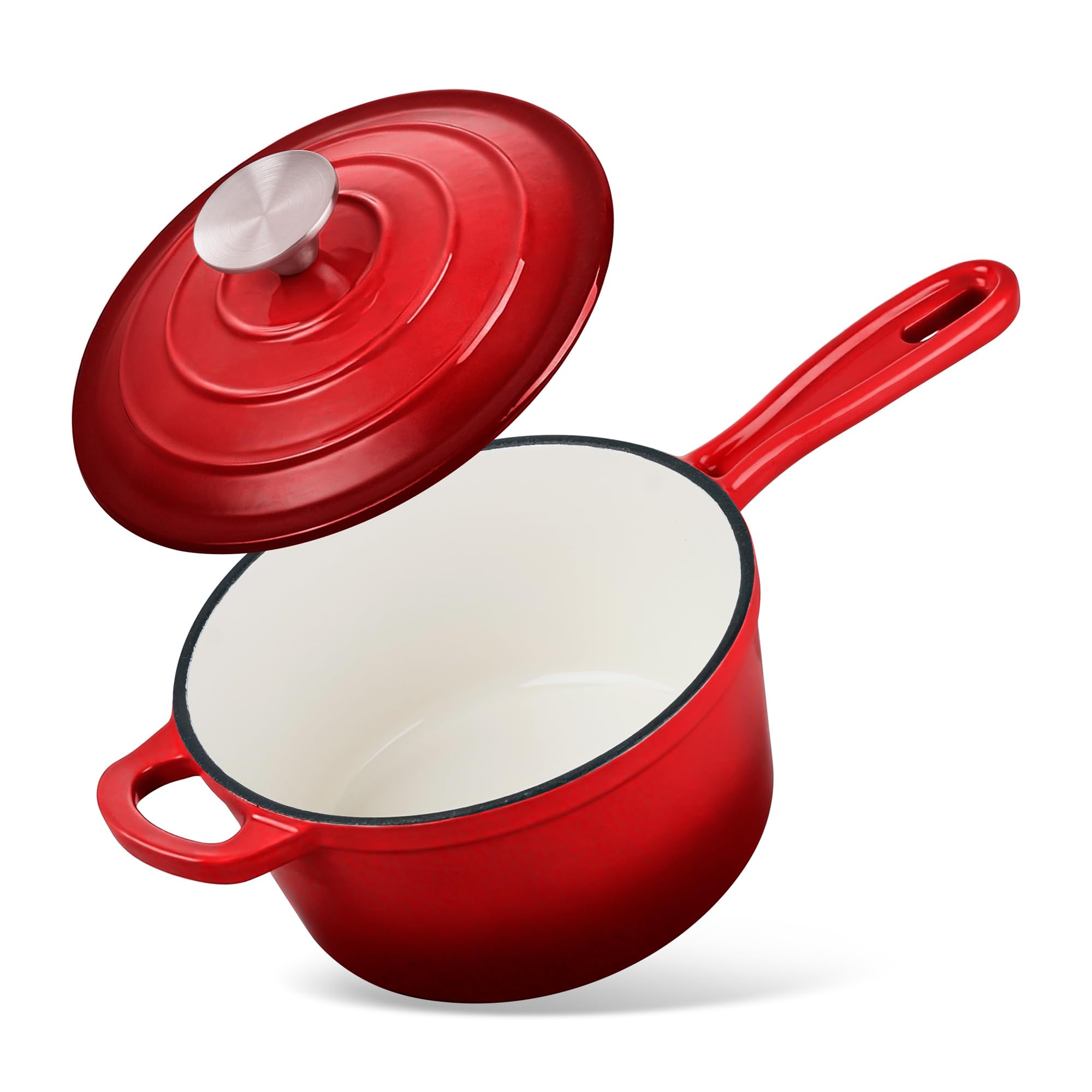 Homikit Small Sauce Pan with Lid, 2QT Enameled Cast Iron Saucepan, Enamel Cast Iron Sauce Cooking Pot Dutch Oven Kitchen Cookware for Making Pasta, Boiling Soup, Warming Milk, Red