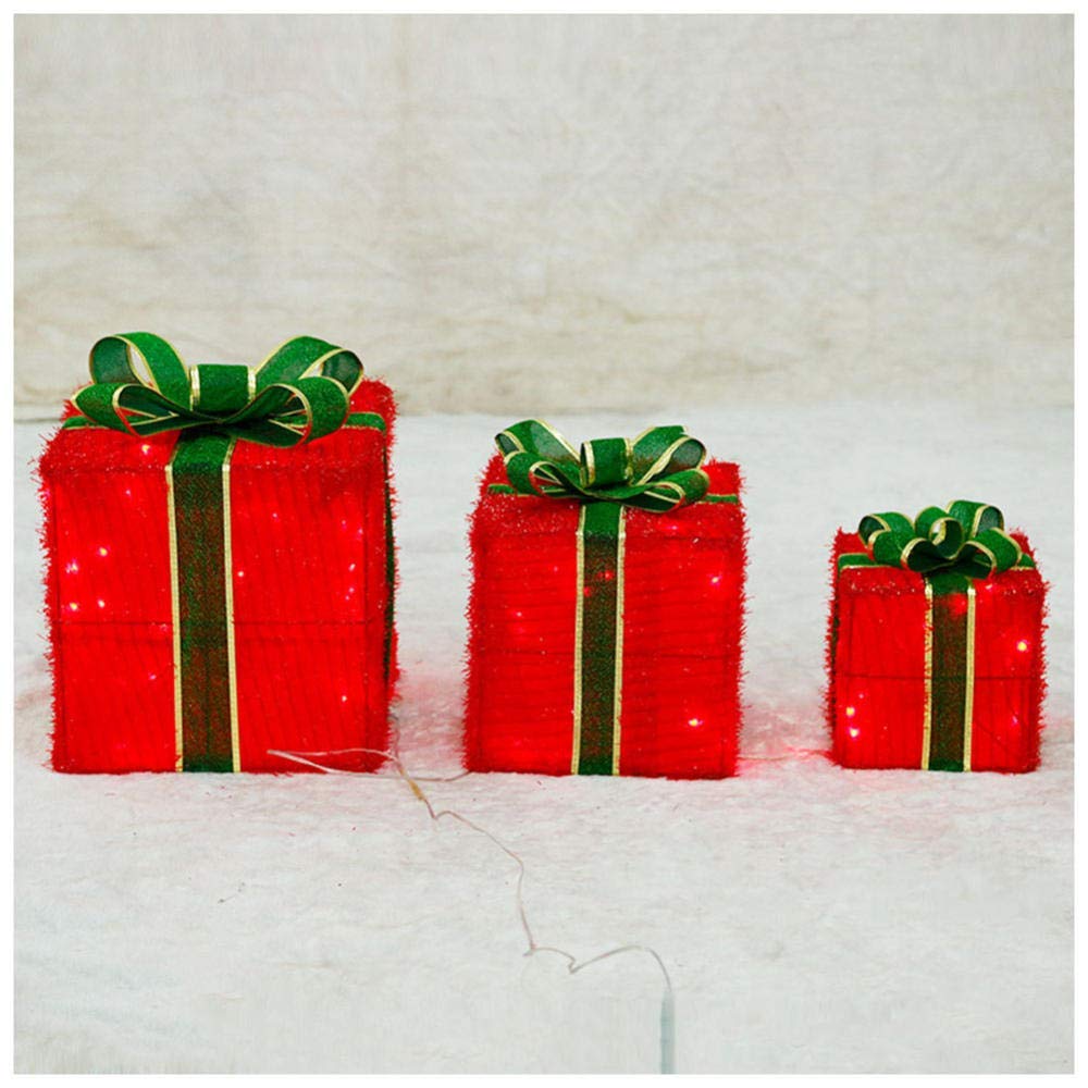 Cajas de regalo para Navidad, Cajas de regalo LED de tela de hierro con iluminación navideña, juego de 3 paquetes decorativos de Navidad, luces blancas cálidas, decoración interior y exterior(Rosso)