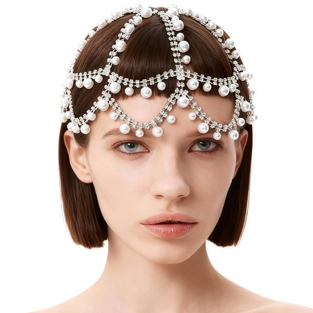 GORGECRAFT Diadema de Malla con Perlas Y Cadena para la Cabeza con Diamantes de Imitación Tocado de Perlas para Boda Estilo Bohemio de Aleación de Plata con Cristales Brillantes para Boda Graduación