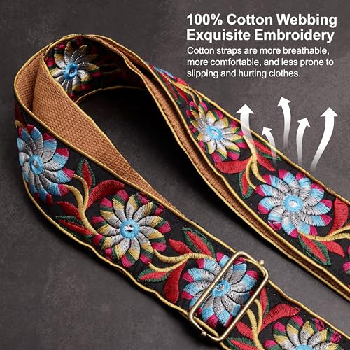 Image of Nefelibata Guitar Strap,Crazy Horse Leather Jacquard Embroidery Cotton Guitar Straps for Bass, Electric & Acoustic, Best Gifts for Guitarists(Retro Black Daisy)