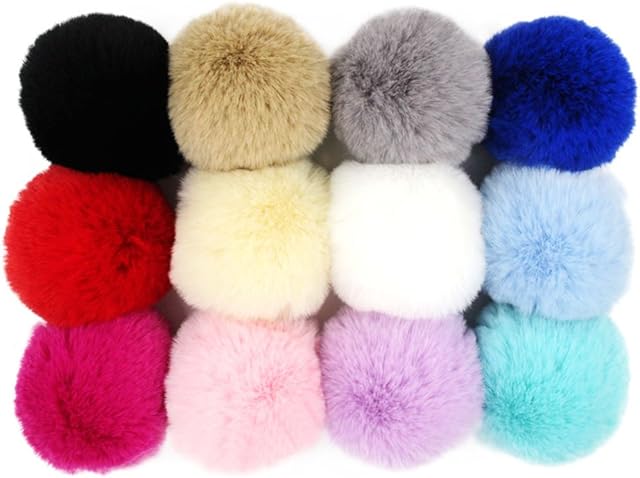 Furling Pompoms DIY Pack of 12 Faux Rex Rabbit Fur Pom Poms for Hats Soft Knitting Accessories (Colorful Mix, 8cm)