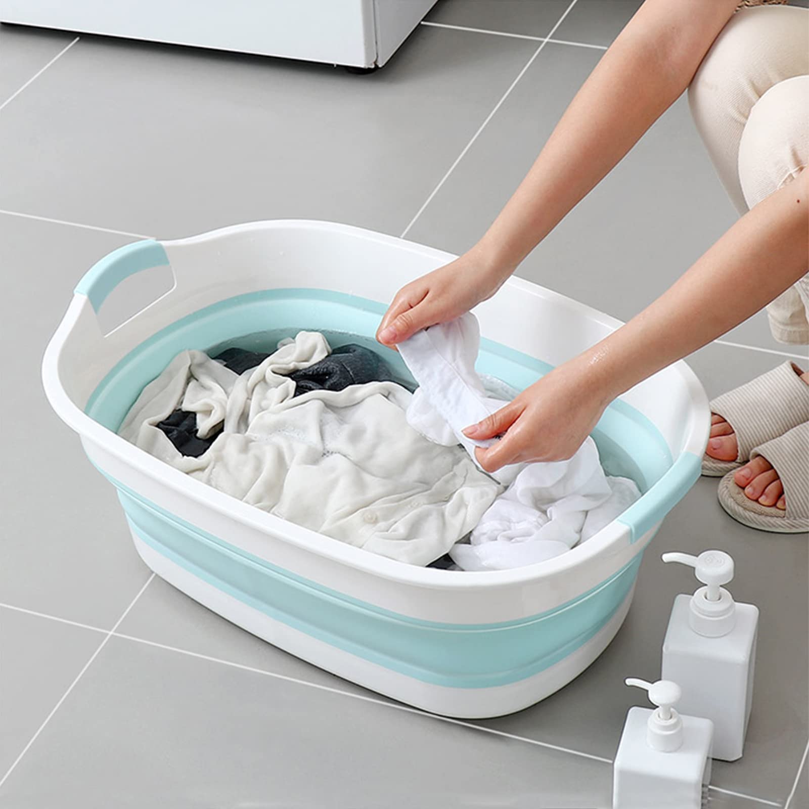 S.I.C Bassine pliante, grande (30 litres) cuve à linge en plastique, cuve à linge peu encombrante, idéale pour le linge sale, lessive, bain de pieds, panier équipé d'un bouchon de vidange d'eau(bleu)