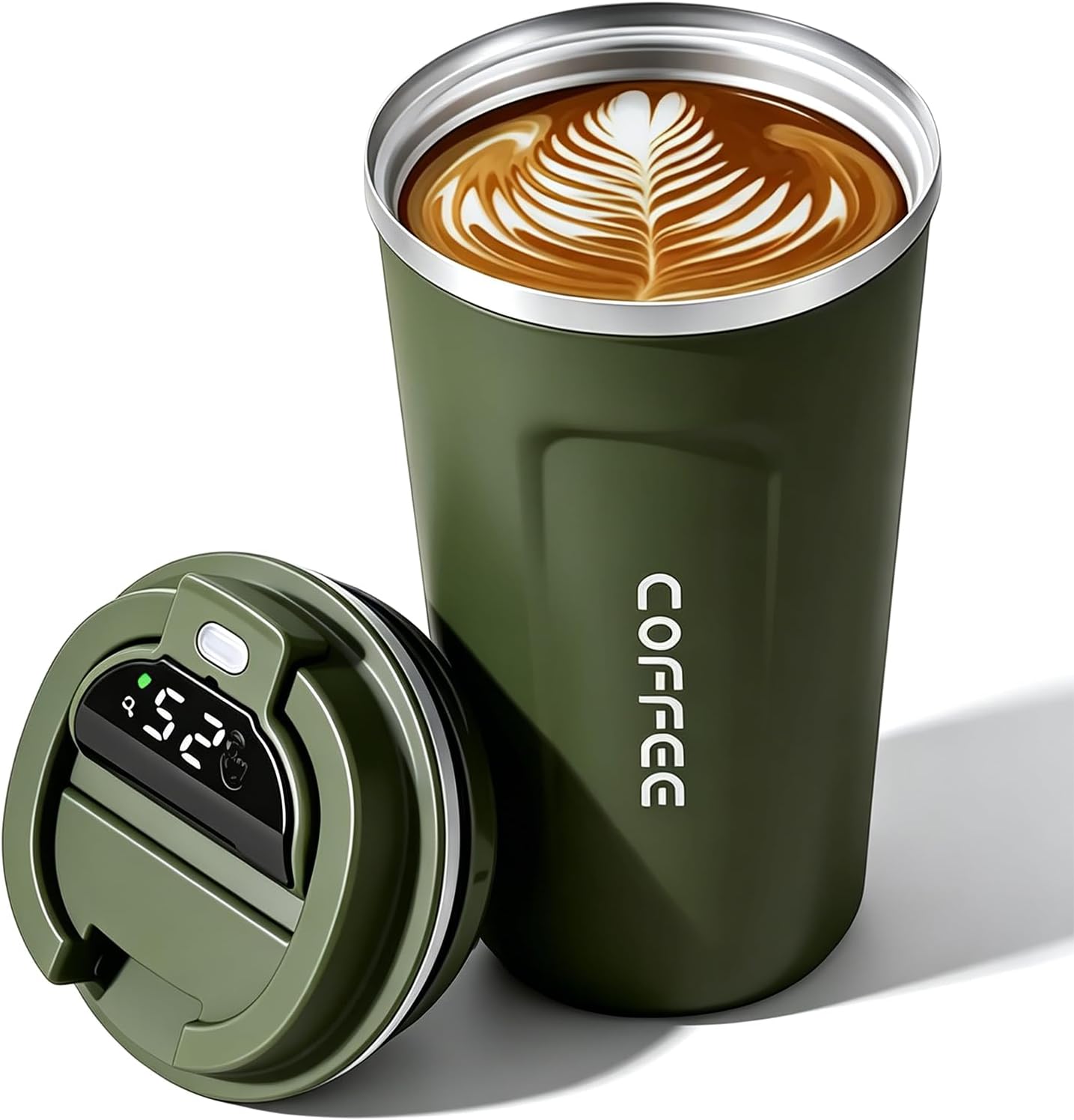 Changor Smart Coffee Mug with Temperature Display 510ml Large Capacity, 304 Stainless Steel Insulated Travel Coffee Cup, Portable Thermal Mug with Leakproof Lid for Home Office Outdoor Use Green
