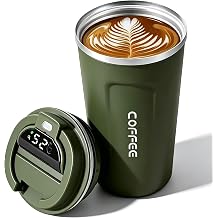 Changor Smart Coffee Mug with Temperature Display 510ml Large Capacity, 304 Stainless Steel Insulated Travel Coffee Cup, Portable Thermal Mug with Leakproof Lid for Home Office Outdoor Use Green