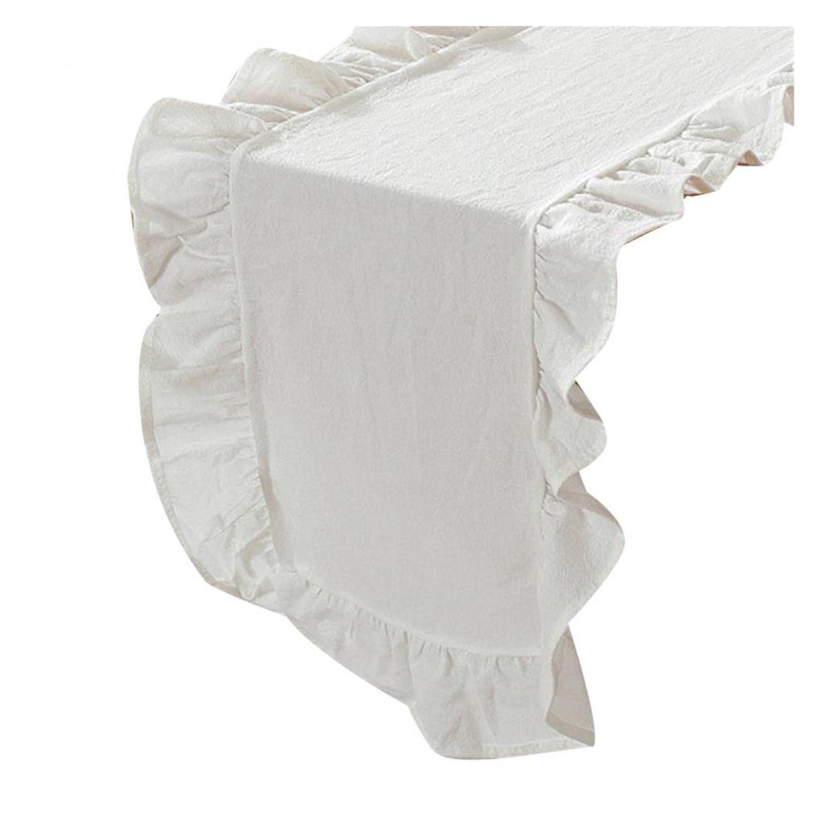 Ruffle Table Runner Rustic Table Runner with Scalloped Edge Farmhouse Cotton Flounces Washable Wedding Party for Dining(White,35*180cm)