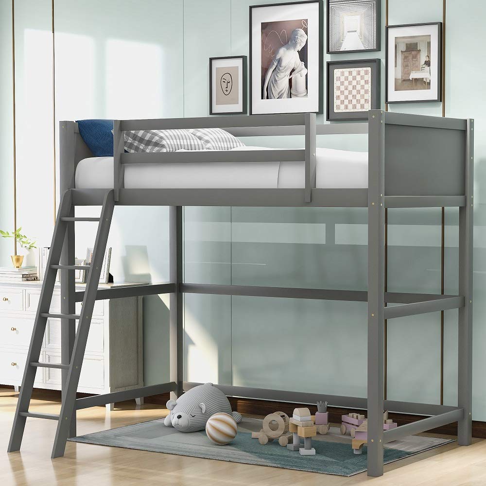 Twin Loft Bed Frame with Angled Ladder, No Box Spring Needed,Solid Wood Loft Bed (Grey)