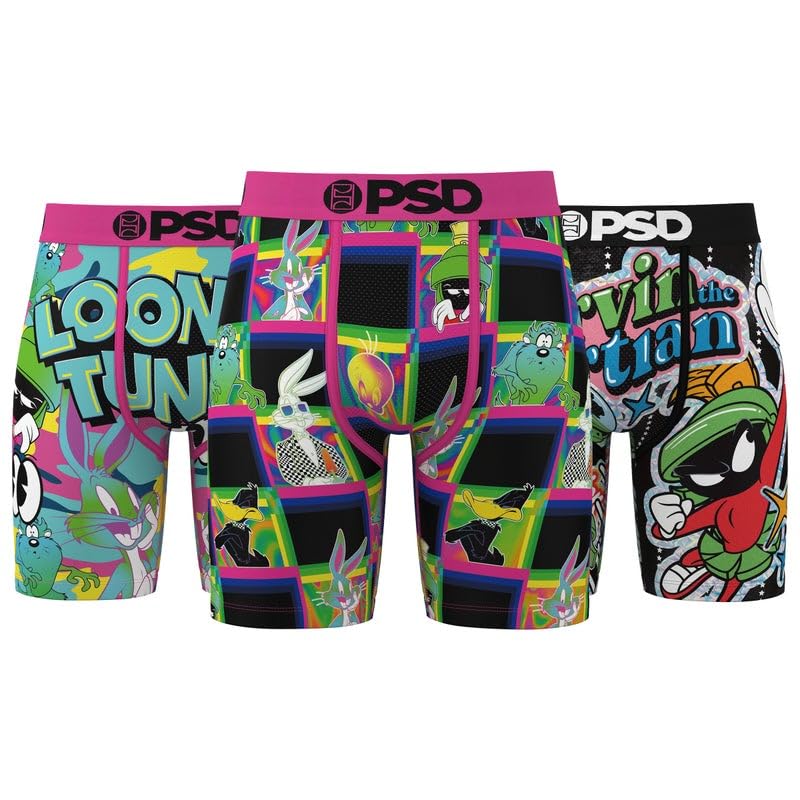 PSD Mens Looney Tunes Neon 3 Pack Boxer Briefs, Multi, L