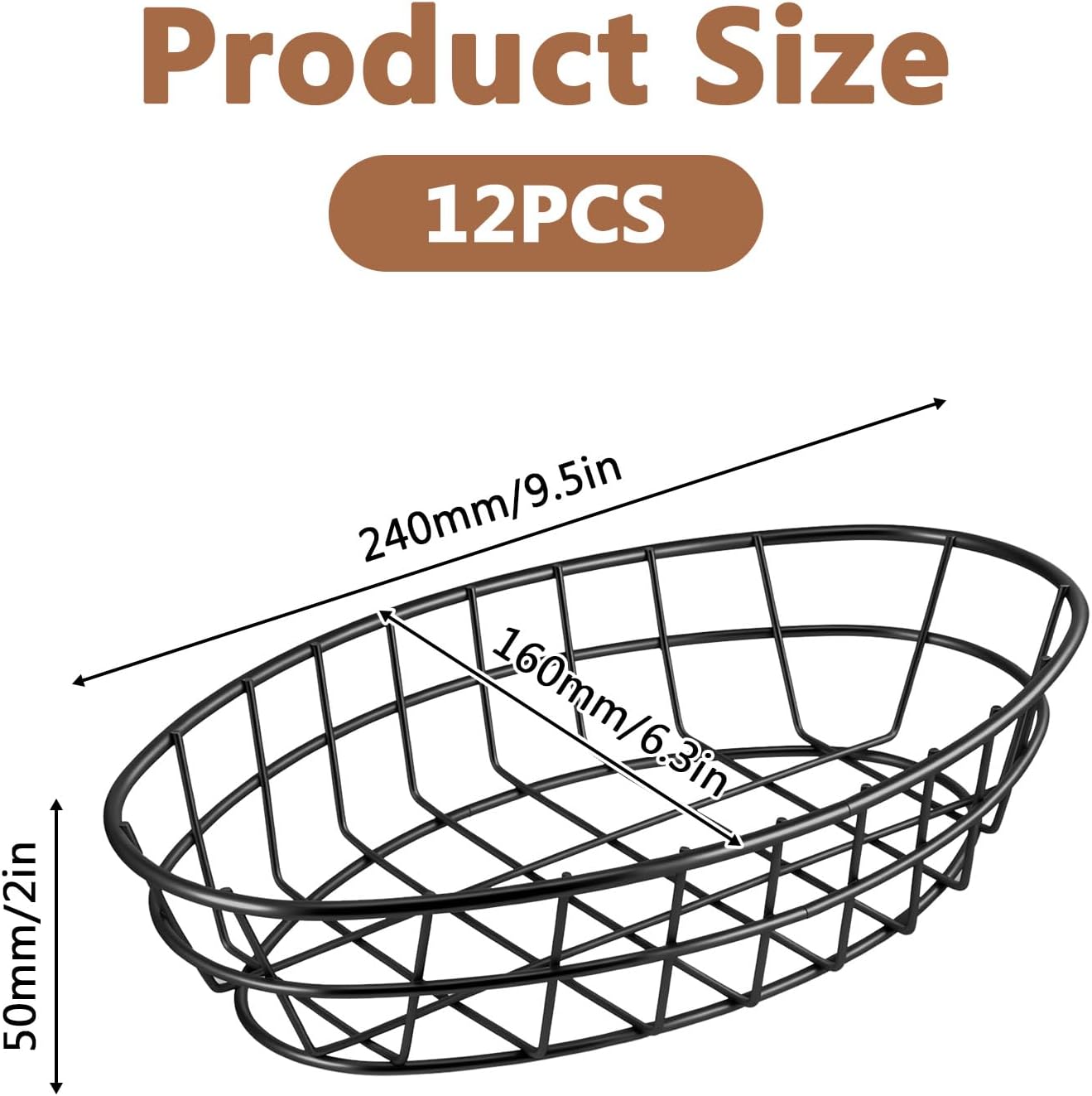12 Pack Reusable Food Baskets 9.5x6.3x2 Inch Wire Serving Baskets Black