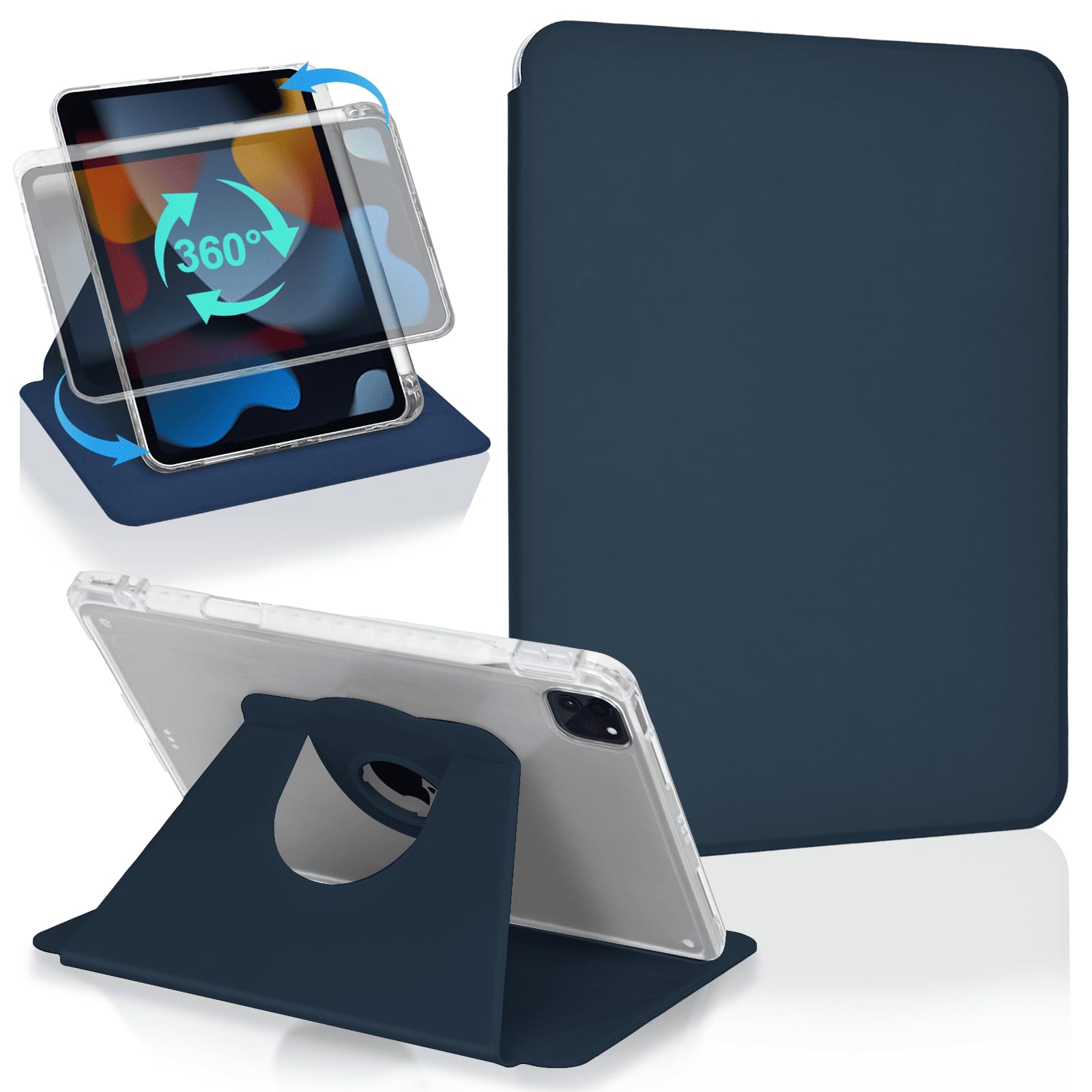 Koze Rotating Case for iPad Pro 11 Inch 2022/2021/2020/2018 4th /3rd /2nd /1st Gen with Pencil Holder, 363 Rotate Swiveling Stand Protective Cover, Clear Transparent Hard Back Shell Dark Blue