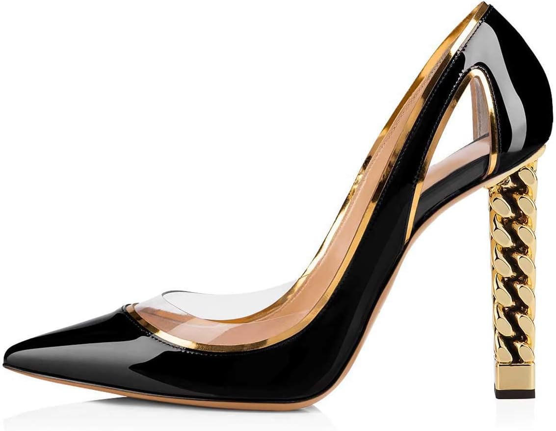 FSJ Women Gold Metal Chain Chunky High Heel Pointed Toe Slip On Fashion Party Prom Pumps Wedding Sexy Shoes Size 4-15 US - Image 2