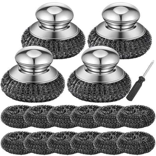 4 Pcs Stainless Steel Wool Scrubbers with Handle 12 Replacement Metal Cast Iron Scrubber Brush for Cleaning Dishes Kitchen Pots Pan Sink