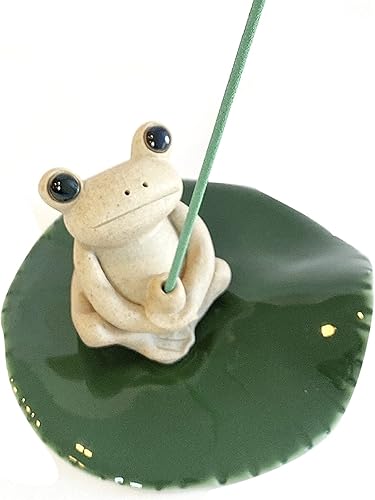 Lemonadeus Soporte de cerámica hecho a mano para quemador de incienso, bandeja de incienso de hoja de loto verde pequeña rana pequeña