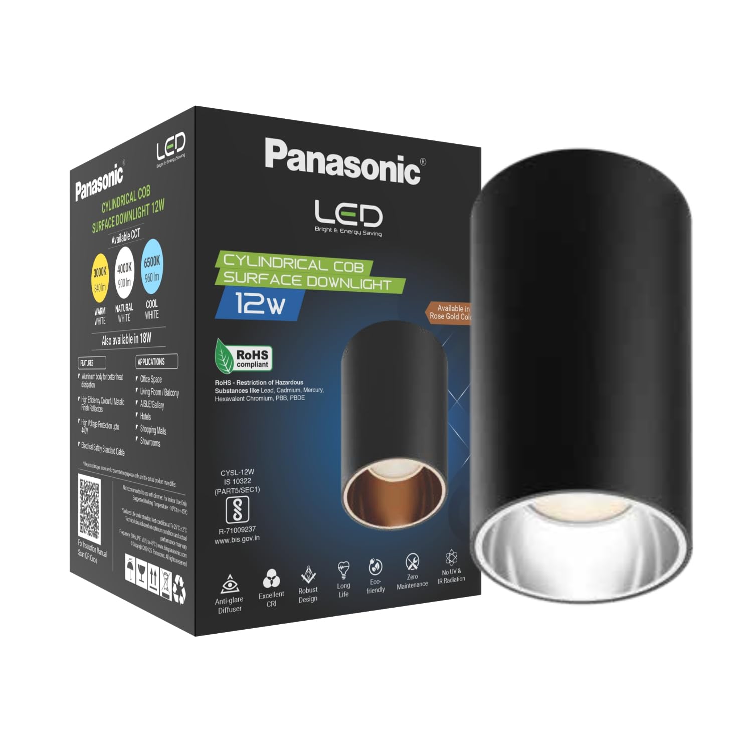 Panasonic 12W Cylindrical Surface Spot Light, Silver Reflector