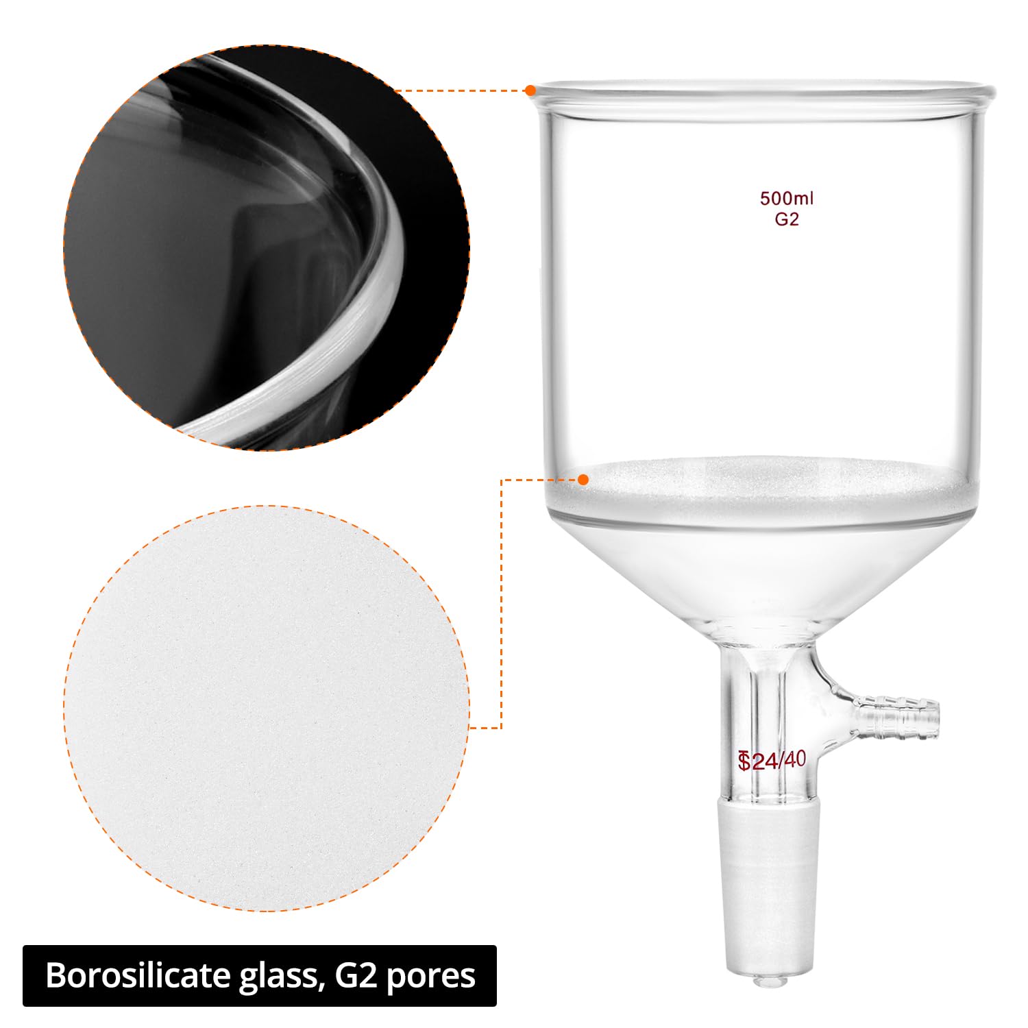QWORK Imbuto filtrante Buchner in vetro borosilicato da 500 ml con fritta media (G2), giunto interno conico standard 24/40 e 100 filtri di carta da 93 mm