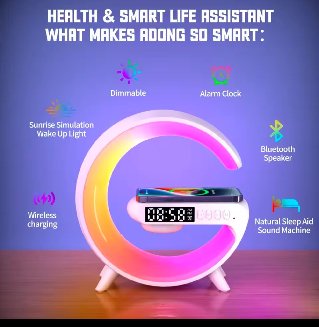 Infographic showing the multi-functional features of the G-shaped lamp: Dimmable, Alarm Clock, Sunrise Simulation Wake Up Light, Bluetooth Speaker, Wireless Charging, Natural Sleep Aid Sound Machine.