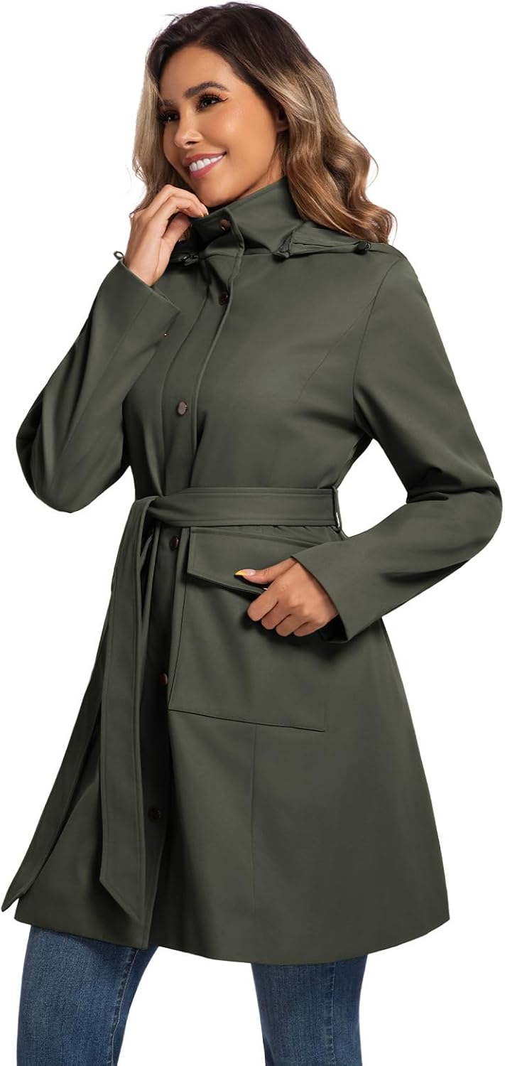 Womens Trench Coat Waterproof Rain Jacket Rain-blocking Brim Detachable Hood Raincoat with Belt Outdoor Travel - Image 2
