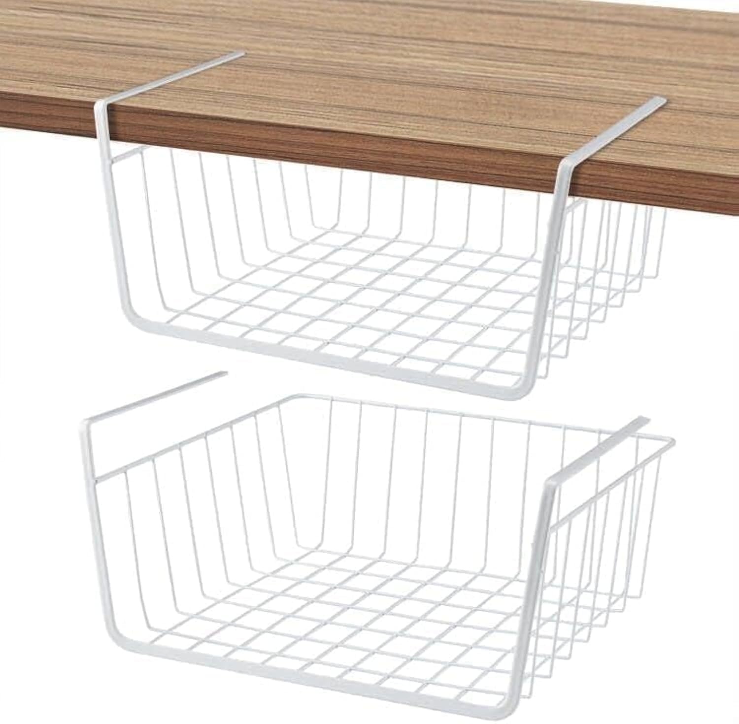 2Pcs Kitchen Under Shelf Storage Basket Large Lightweight Metal Organizer Rack (White)