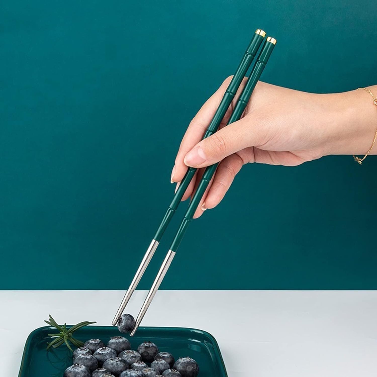Chopsticks 5 Pairs Green Bamboo Joint Shaped Anti-Slip Chopsticks ，304 Stainless Steel Chop Sticks Tableware Sets Home
