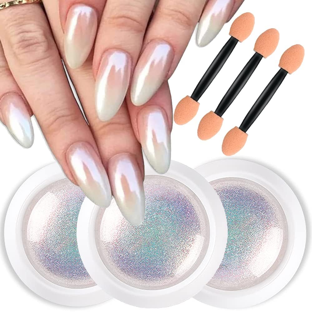 Chrome Nail Powder, Metallic Mirror Holographic Nail Powder Pearl Gradient Neon Nail Powder, Mermaid Chameleon Glitter for Nail Art Manicure Decoration Salon Home DIY (Pearl White) 3Pcs-image-48